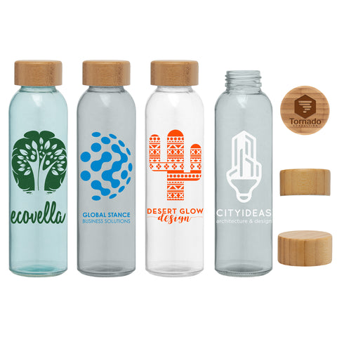 Promotional Alpine 17 oz. Glass Bottle with Bamboo Lid Printed