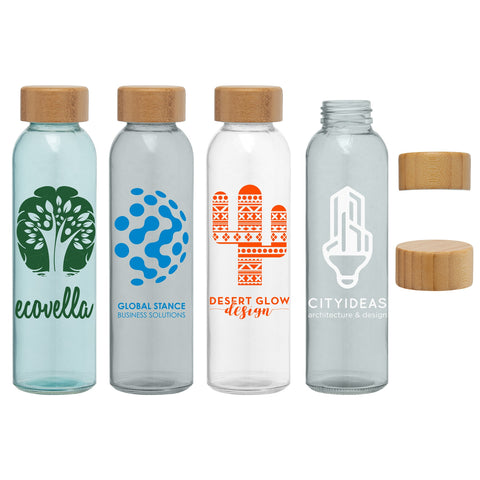 Promotional Alpine 17 oz. Glass Bottle with Bamboo Lid Printed